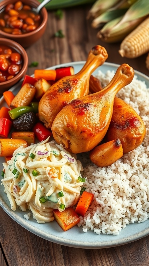 A plate with chicken drumsticks, roasted vegetables, coleslaw, rice, baked beans, and corn on a rustic table.